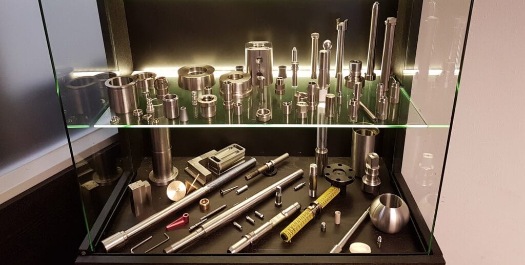 A collection of precision-machined metal components